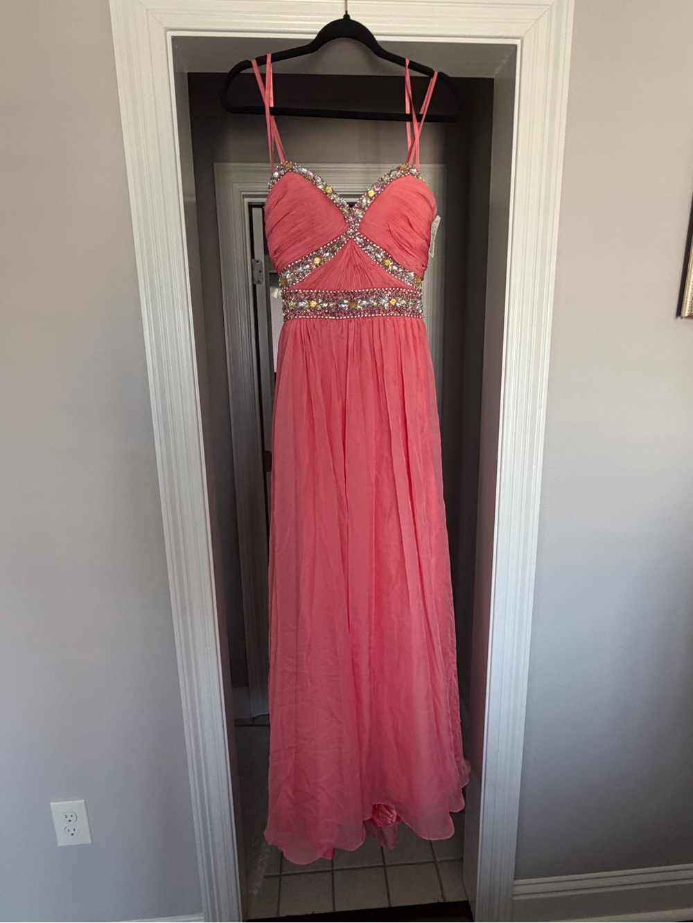 Dave & Johnny Coral Pink Strapless Evening Gown with Beaded Waist